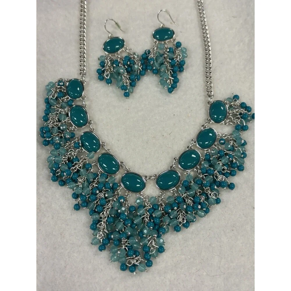 Teal Aqua Beaded Fringe Bib Necklace Earrings Set Silver Tone Statement 24in